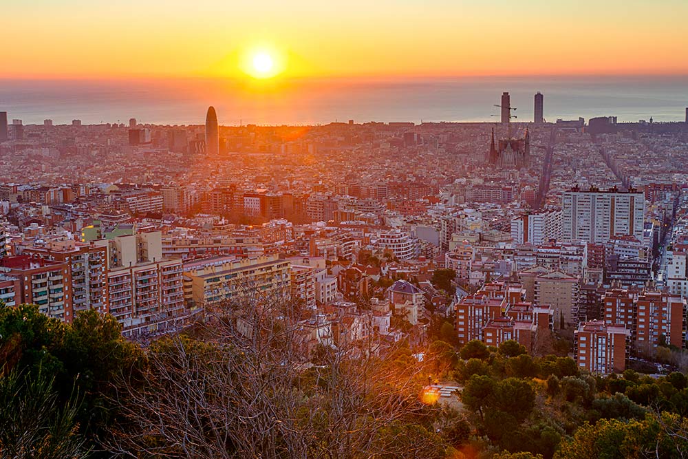 View of Barcelona sunset from Park Guell